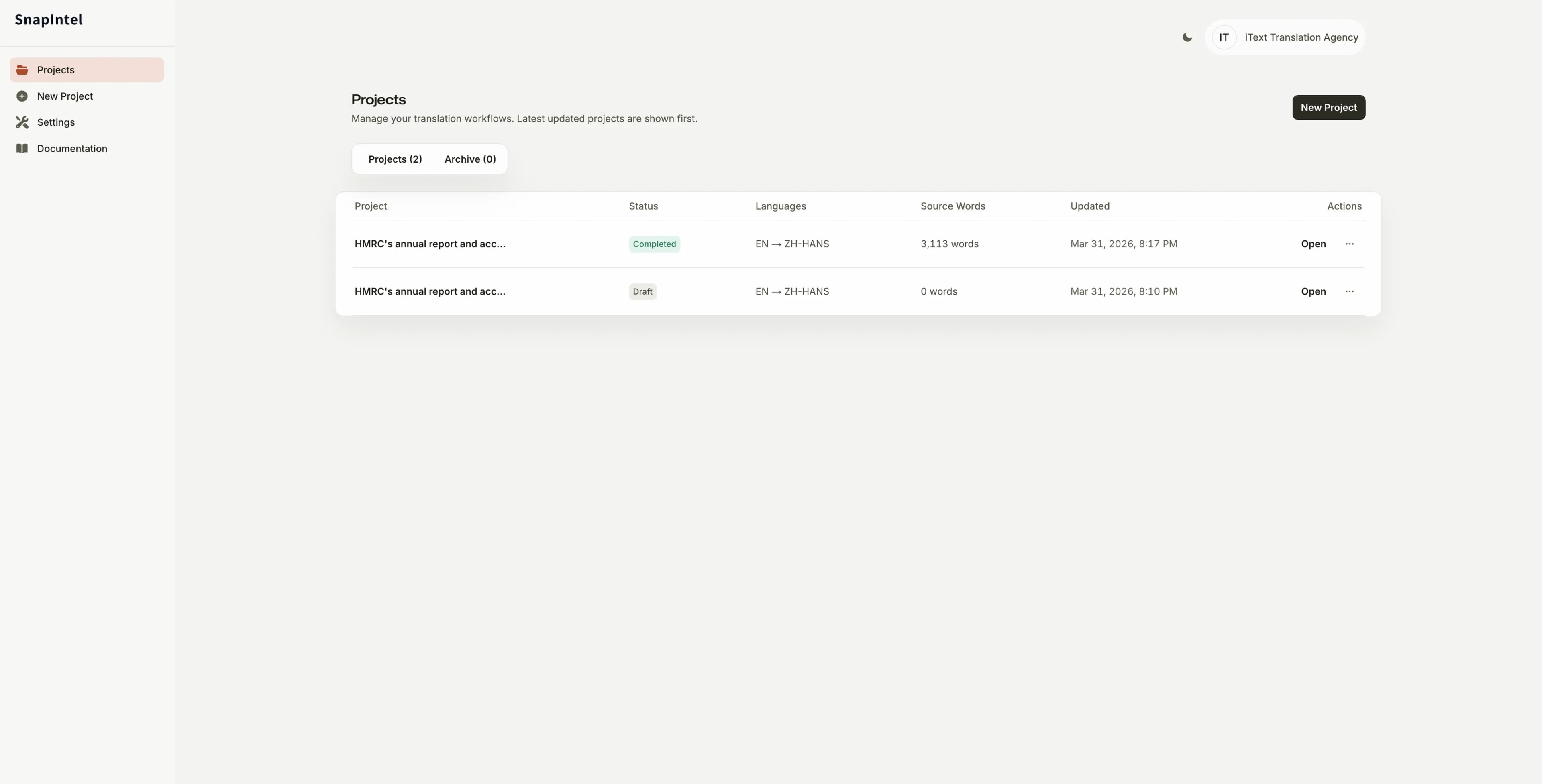 SnapIntel dashboard — light mode