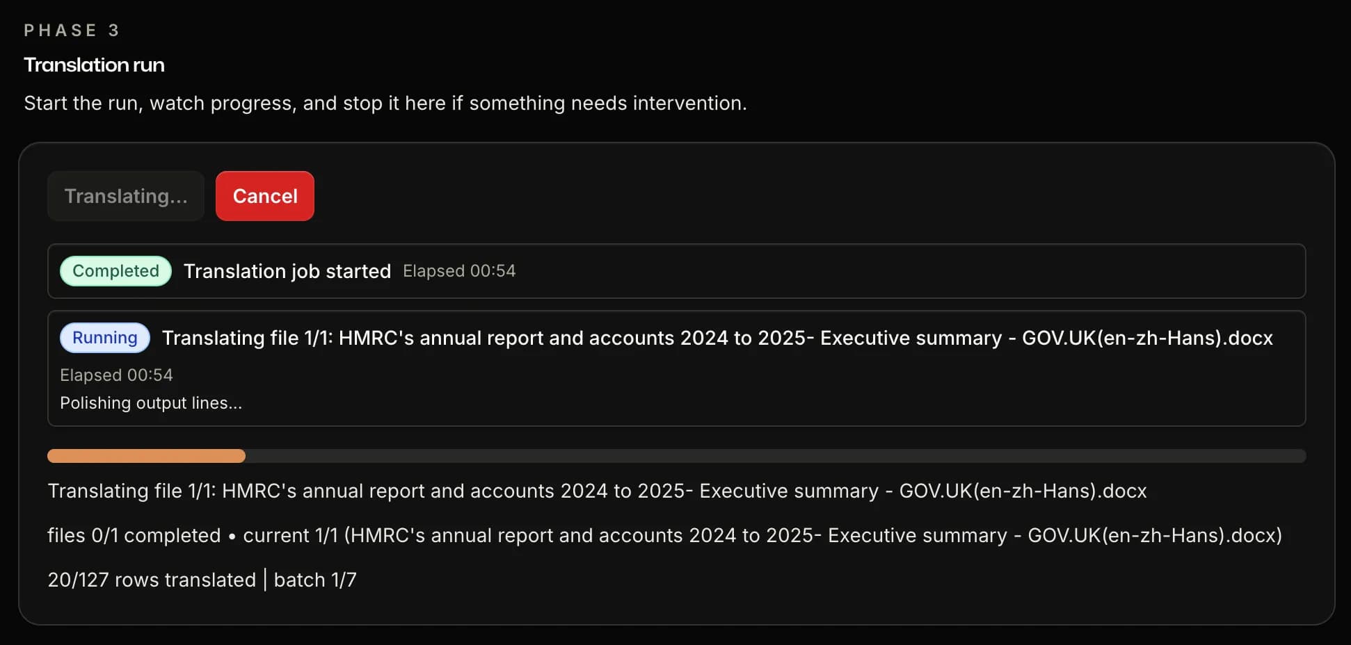 SnapIntel — real-time translation progress